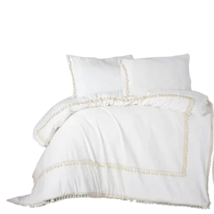 Full Organic Cotton Double Bedding Set with Pompoms Plain White