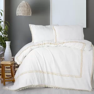 Full Organic Cotton Double Bedding Set with Pompoms Plain White