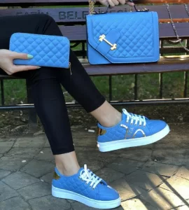 Gold Chain Detailed Sneaker, Bag and Wallet Set Women