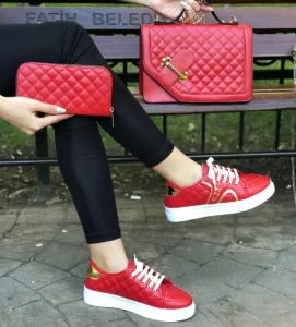 Gold Chain Detailed Sneaker, Bag and Wallet Set Women